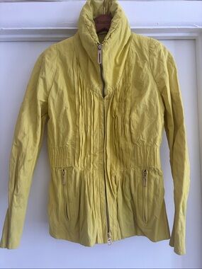 ❤️ Creenstone Hooded Shirred Yellow Green Full Zip Jacket Size 36